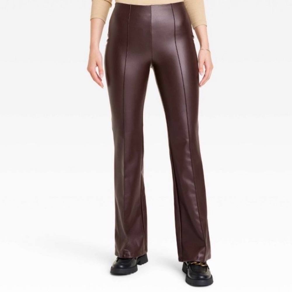 NWT Dark brown pull on faux leather flare pants